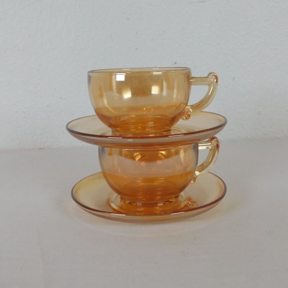 Set of 2 Jeanette Glass Moderne Marigold Iridescent Cup & Saucer Set Punch Cup